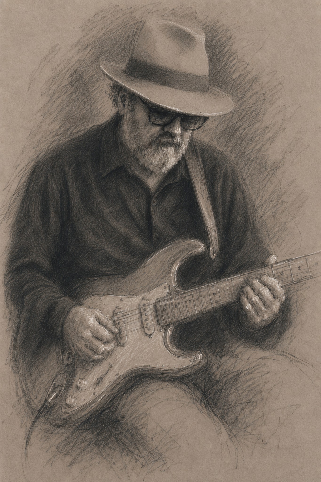 Sketch portrait of Gareth D. Raymondson playing an electric guitar